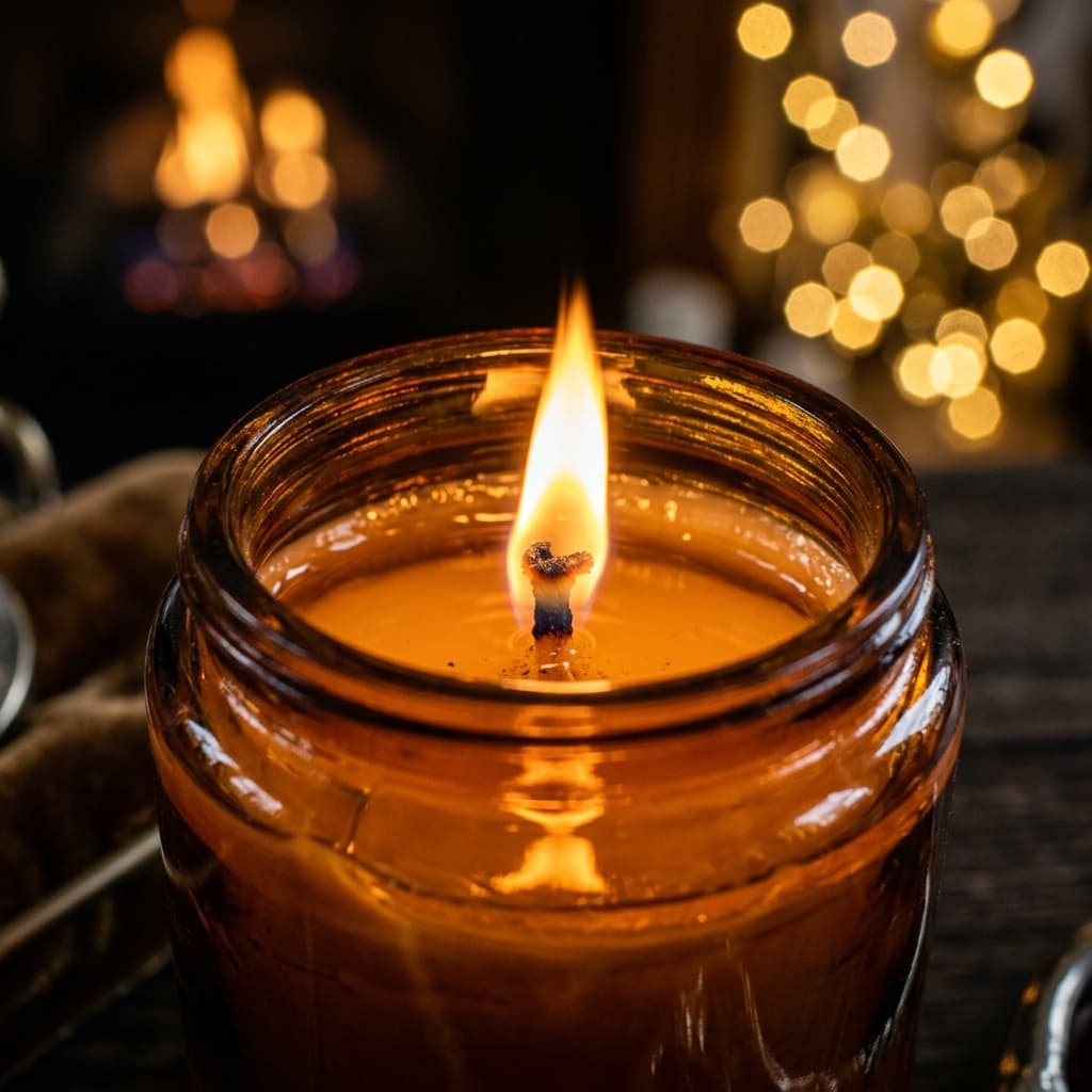 Luxury candle flame close-up with golden bokeh