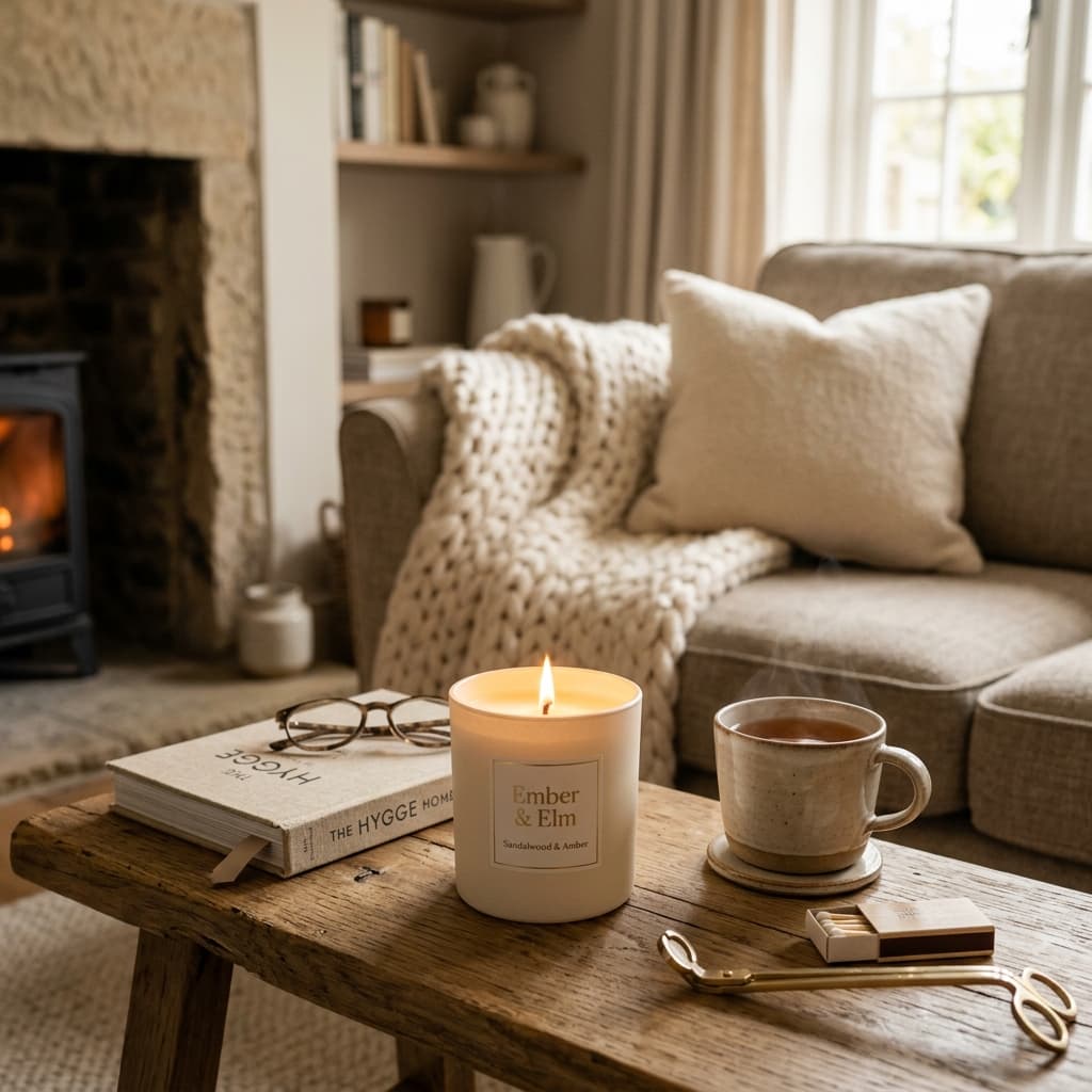 Candle in a cozy living room setting
